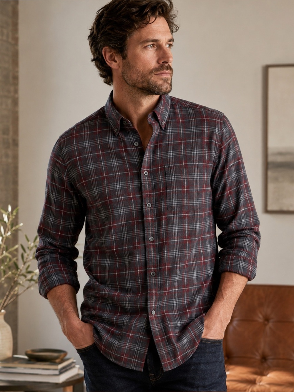 Vince Mens L Burgundy Gray Plaid Button Down Shirt Quiet Luxury Preppy